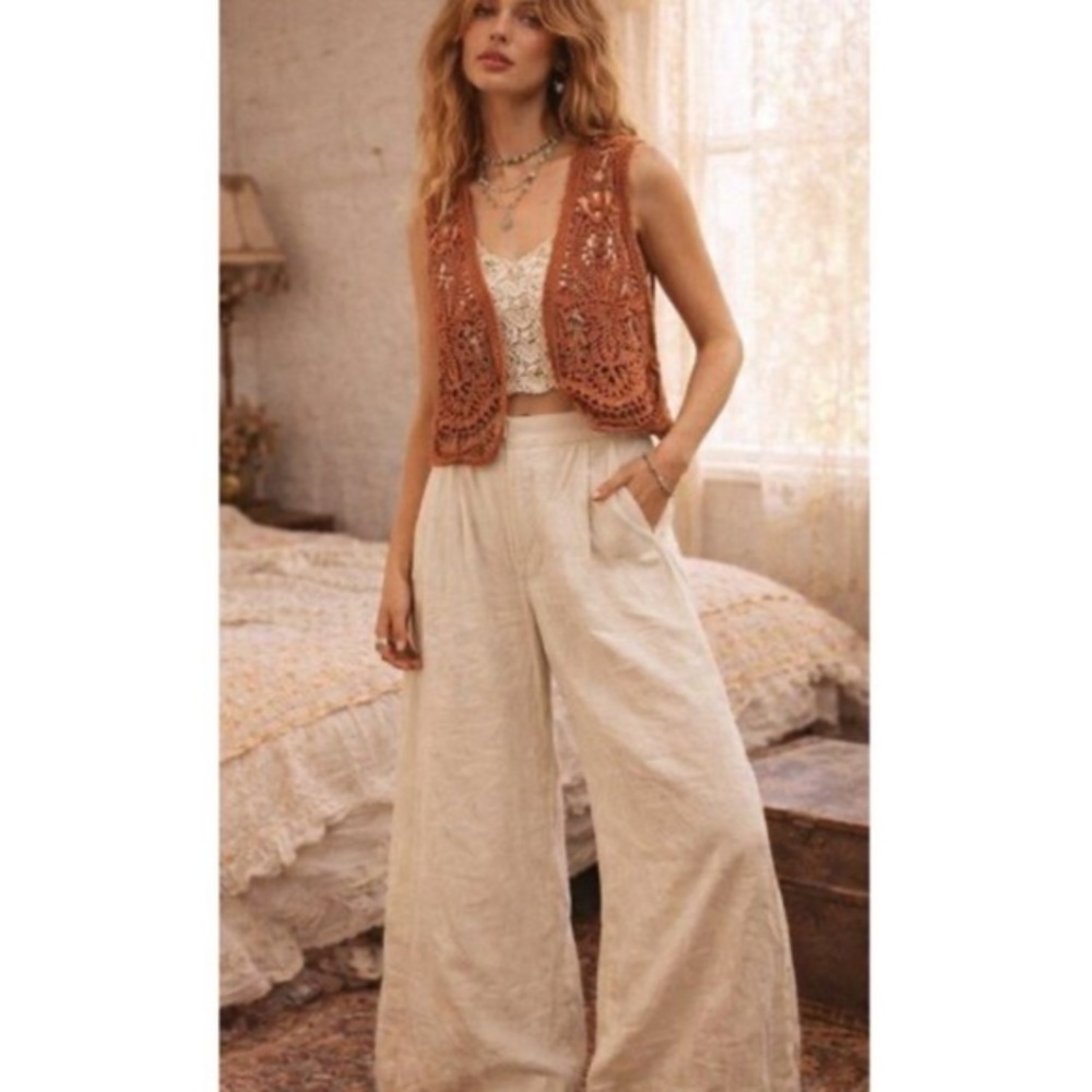 United Colors of Benetton Cream 100% Linen Wide Leg Pants SIZE S